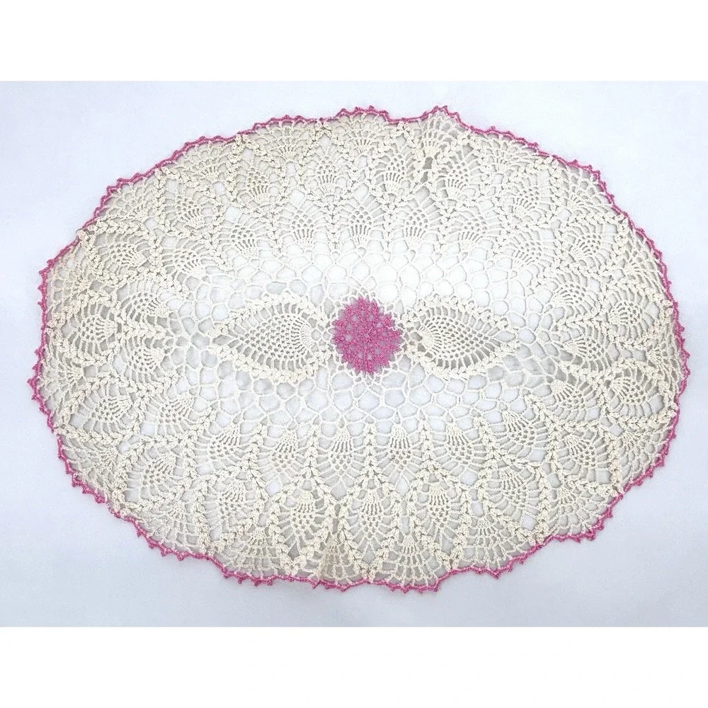 Vintage Handmade Crochet Doily 19x14 Oval Ivory Pink Floral Lace